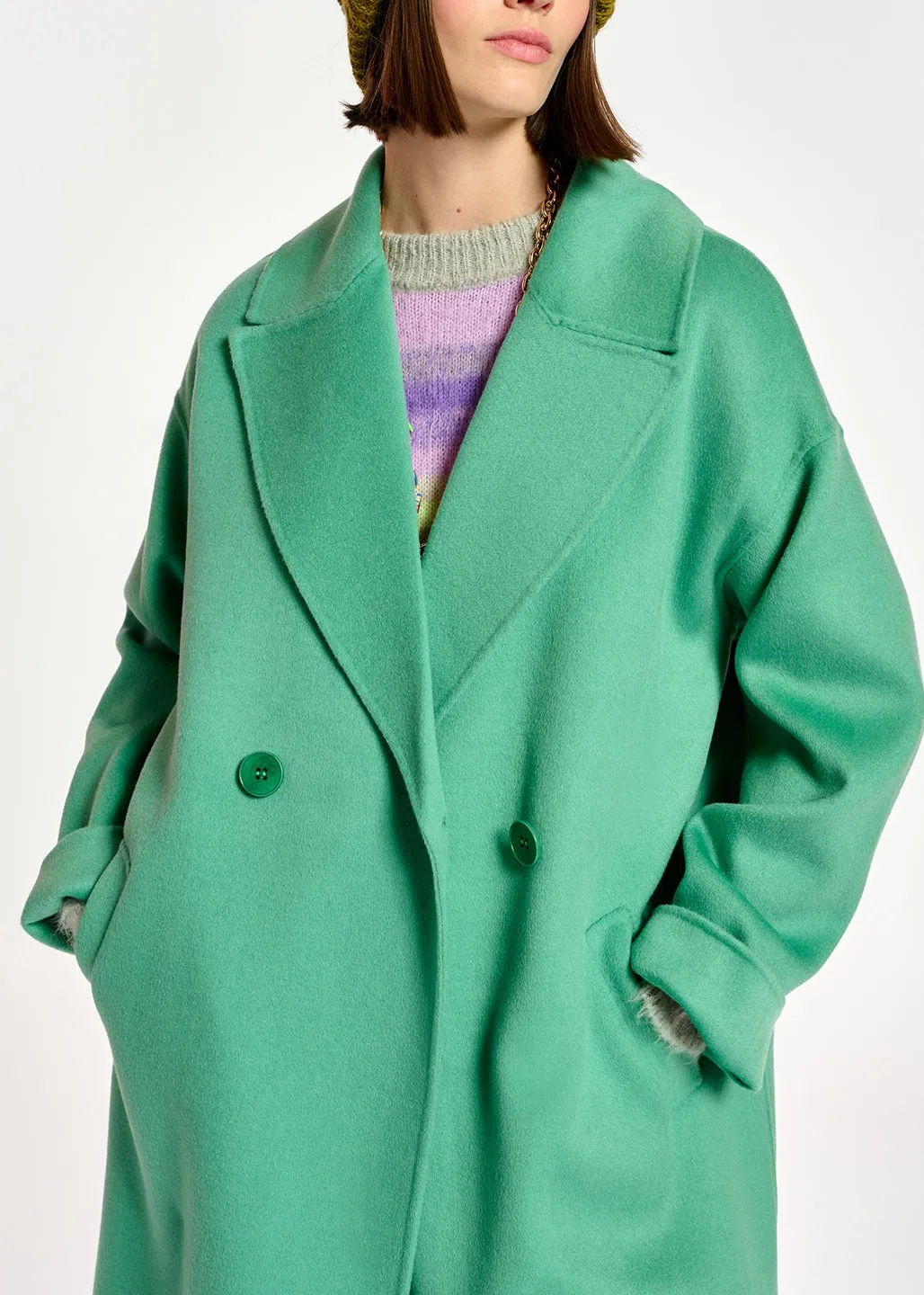 Mint green double-breasted wool coat