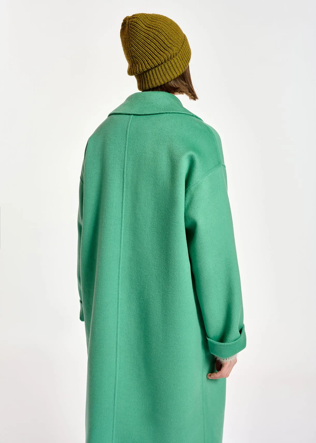 Mint green double-breasted wool coat