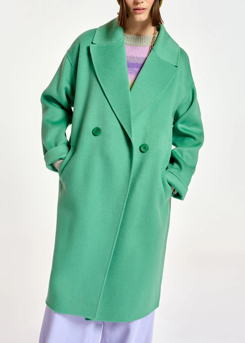 Mint green double-breasted wool coat