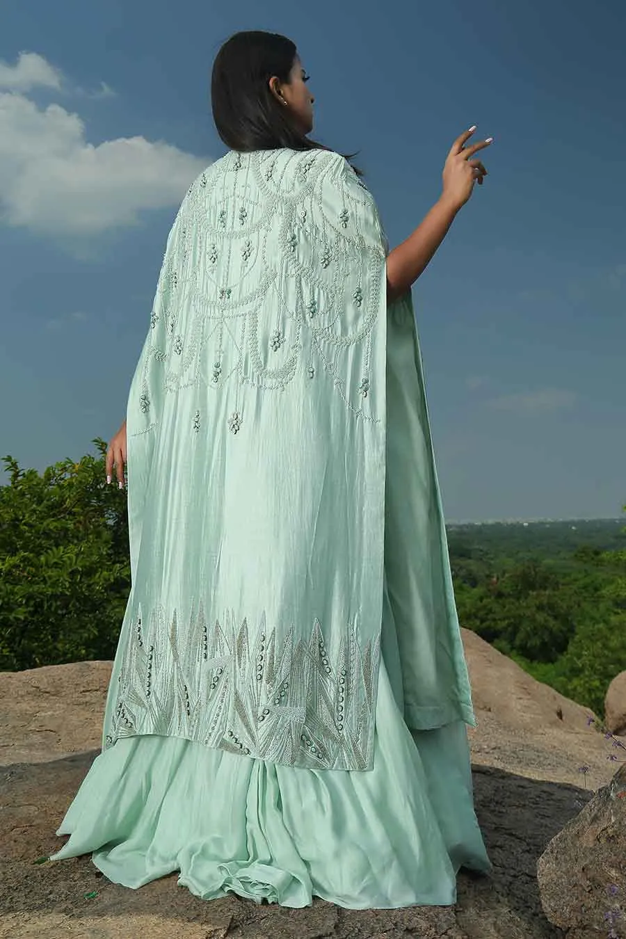 Mint Green Skirt & Top with Embroidered Cape Set