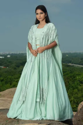 Mint Green Skirt & Top with Embroidered Cape Set