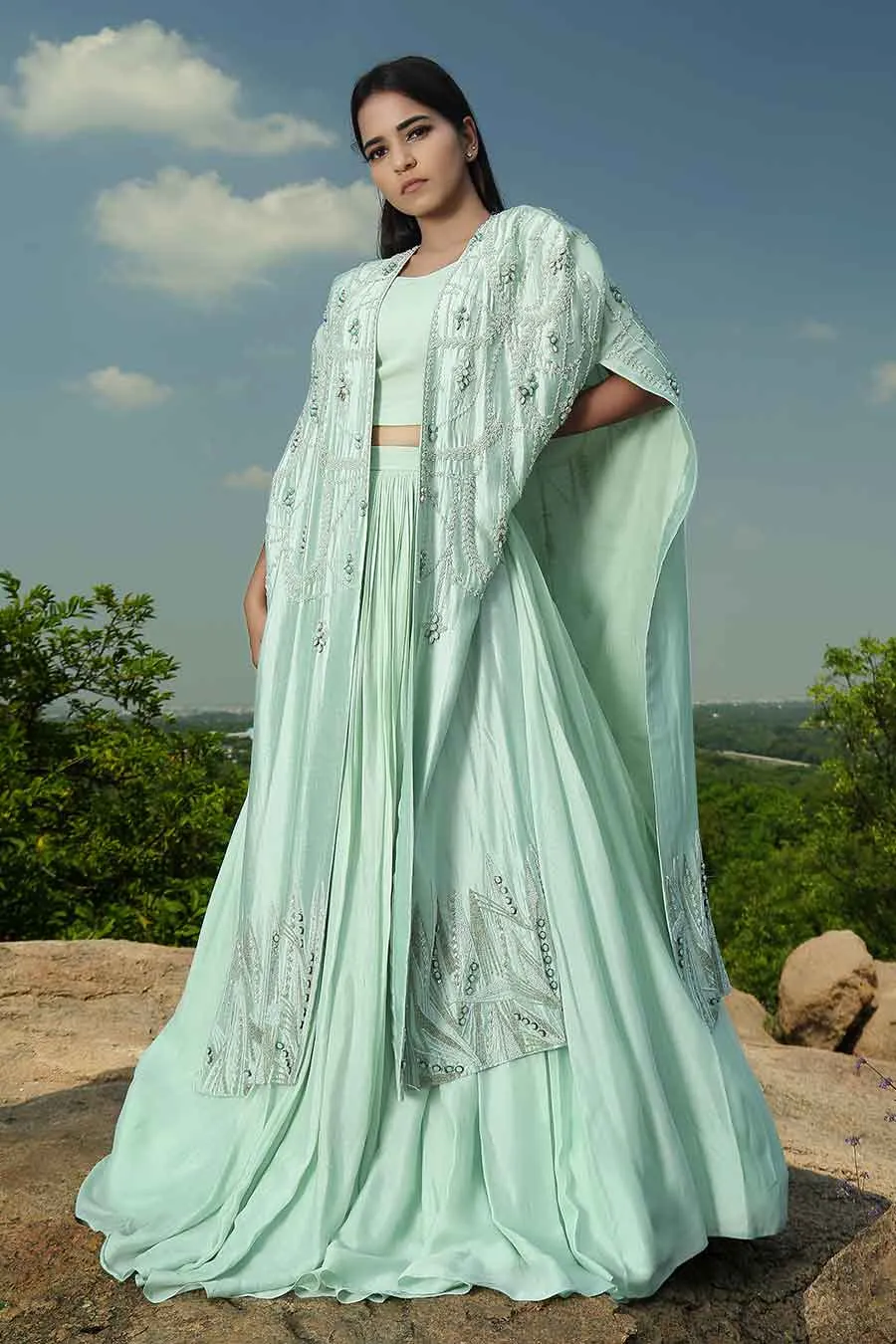 Mint Green Skirt & Top with Embroidered Cape Set