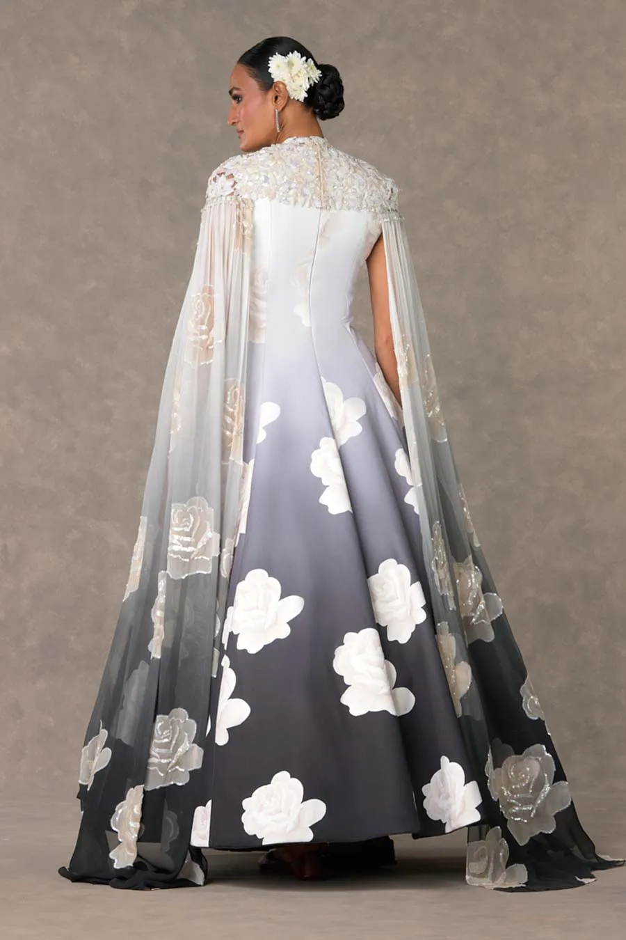 Monochrome Gulaab Printed Gown with Cape