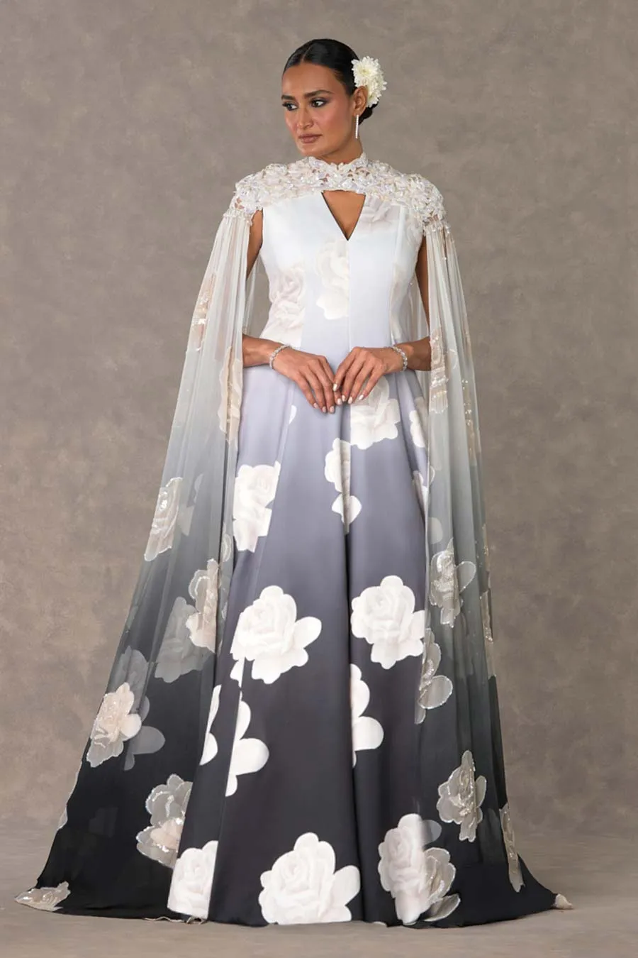 Monochrome Gulaab Printed Gown with Cape