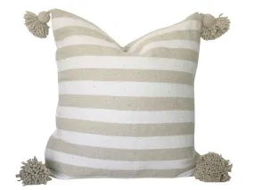 Moroccan Pom Pom Pillow Cover - White and Beige Stripes