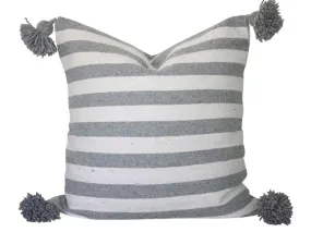 Moroccan Pom Pom Pillow Cover - White and Grey Stripes