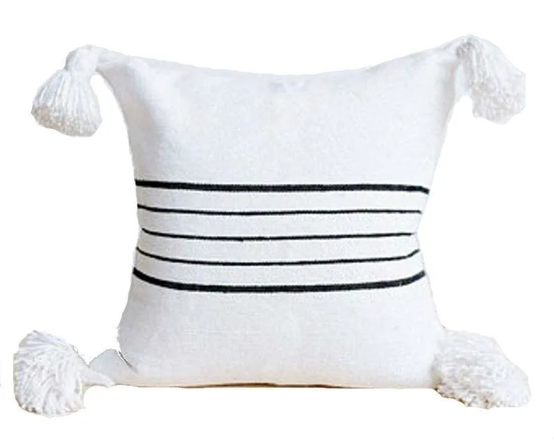 Moroccan Pom Pom Pillow Cover - White with Black Stripes - Loukkos