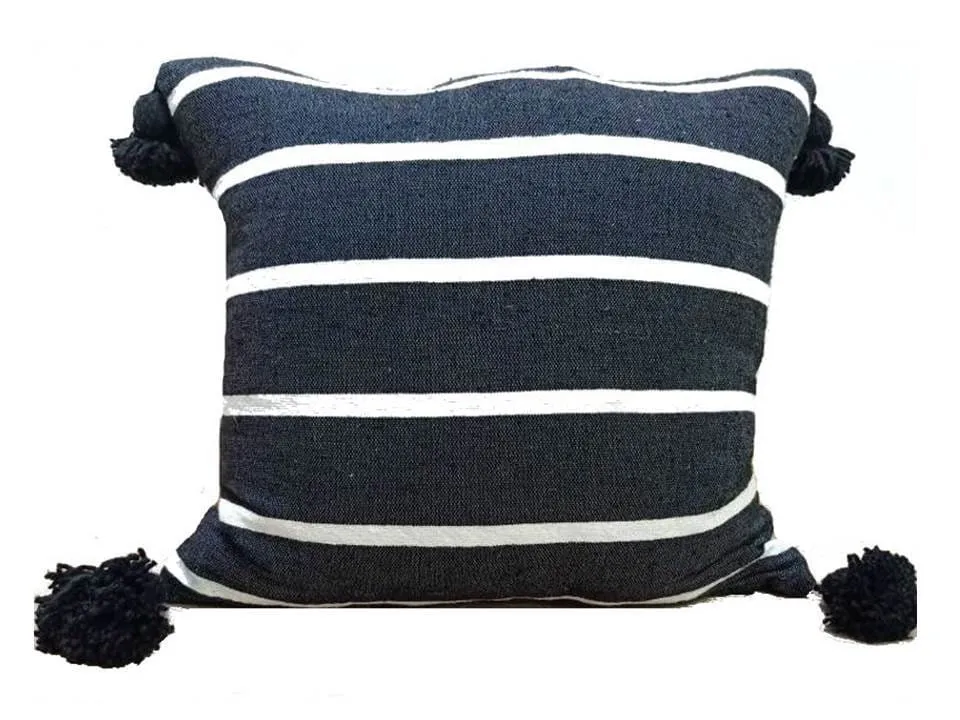 Moroccan PomPom Pillow Cover - Black with White Stripes - Marrakesh