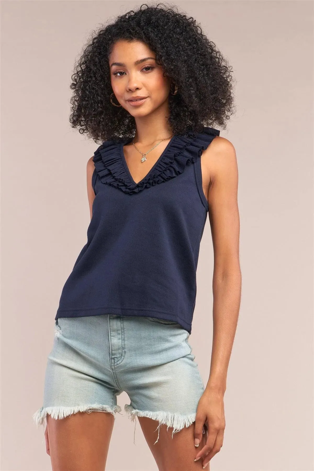 Navy Sleeveless Ribbed Ruffle V-Neck Trim Detail Vest Top /1-2-2-1