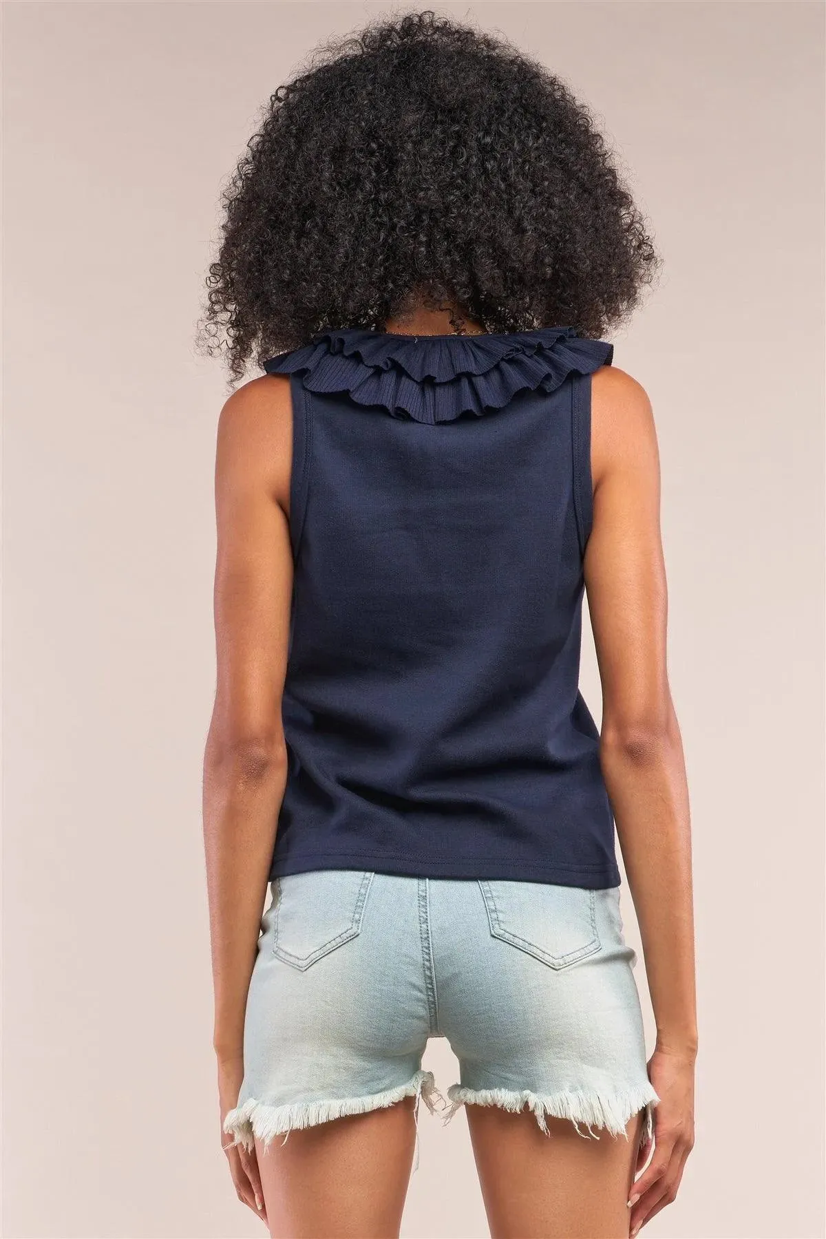 Navy Sleeveless Ribbed Ruffle V-Neck Trim Detail Vest Top /1-2-2-1