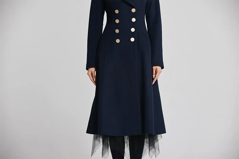 navy wool coat for women with double breasted and pockets  2249