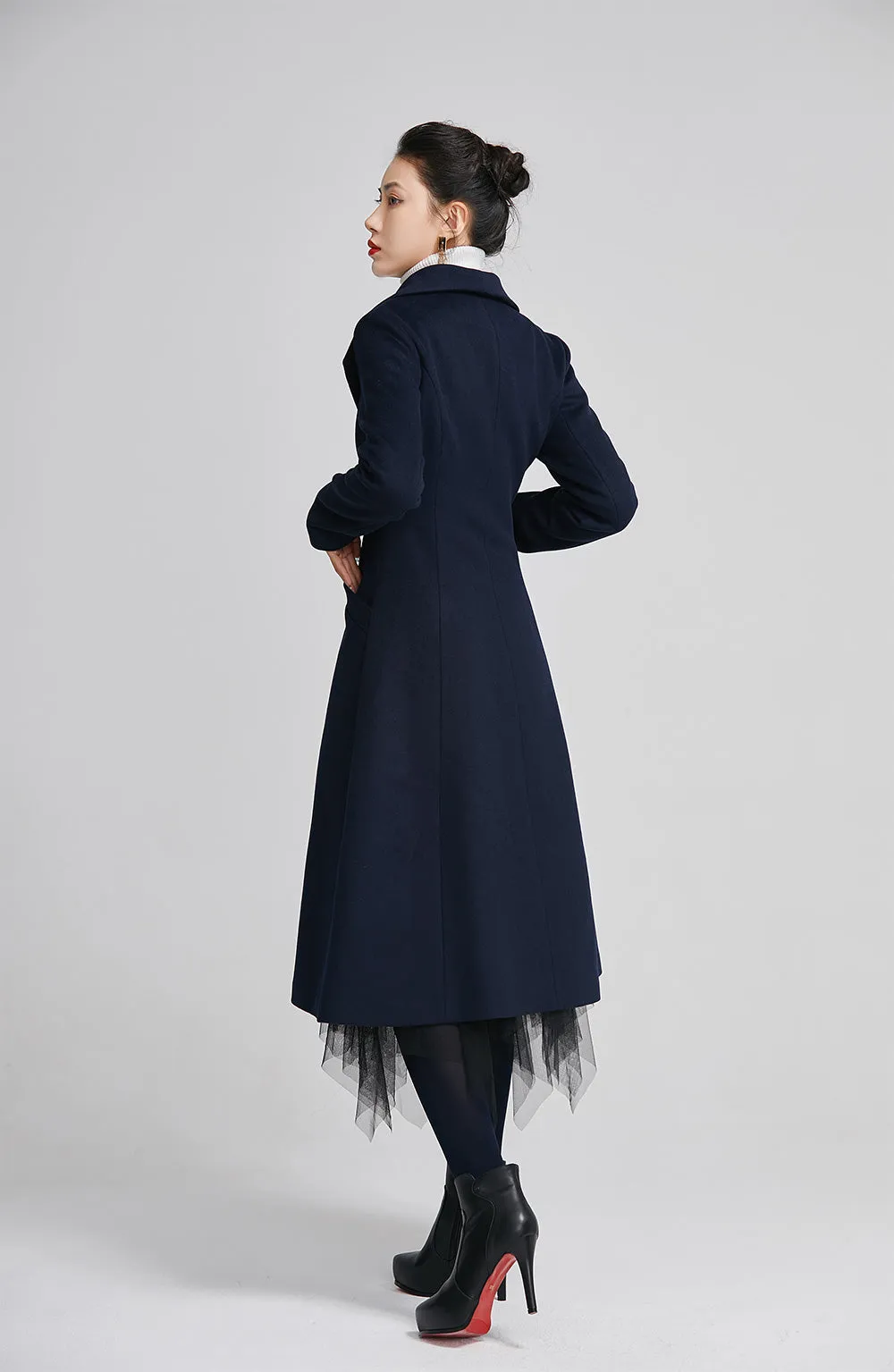 navy wool coat for women with double breasted and pockets  2249