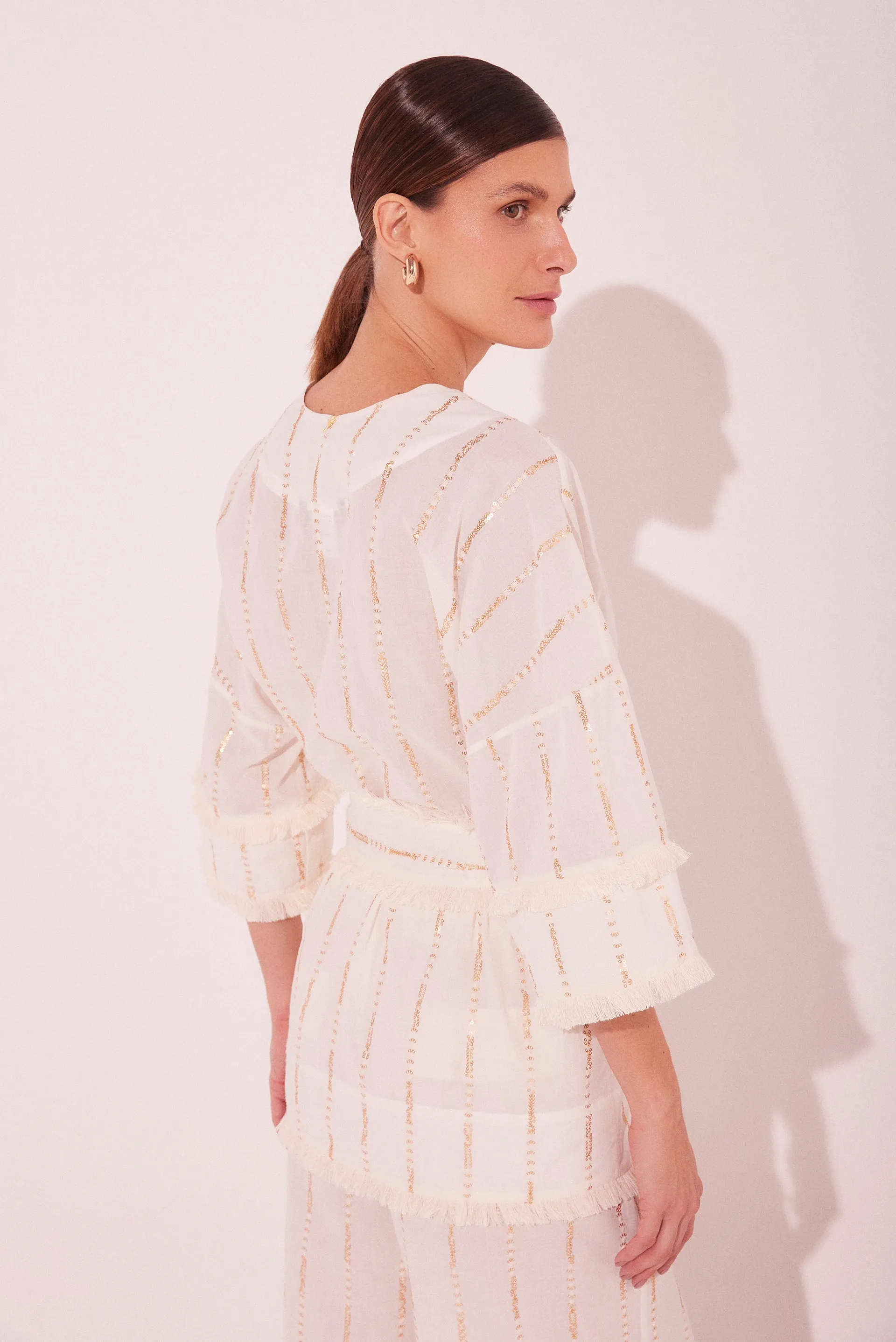 Off White Lightness With Fringes Short Kimono Cape E5517A2216