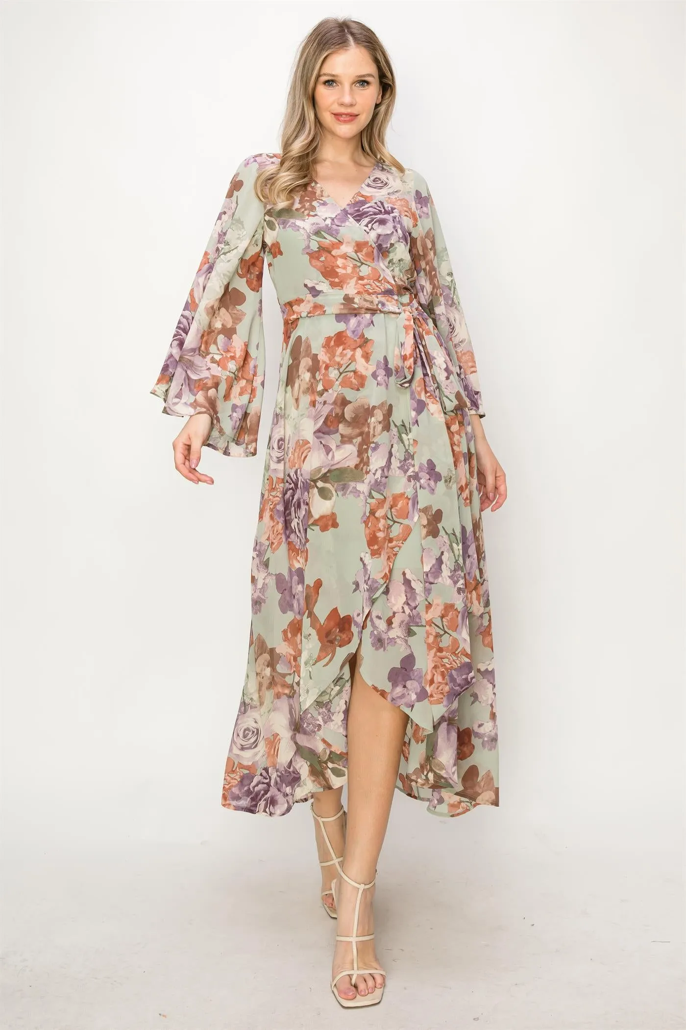 OL24A072-FLORAL V-NECK WRAP HIGH-LOW DRESS