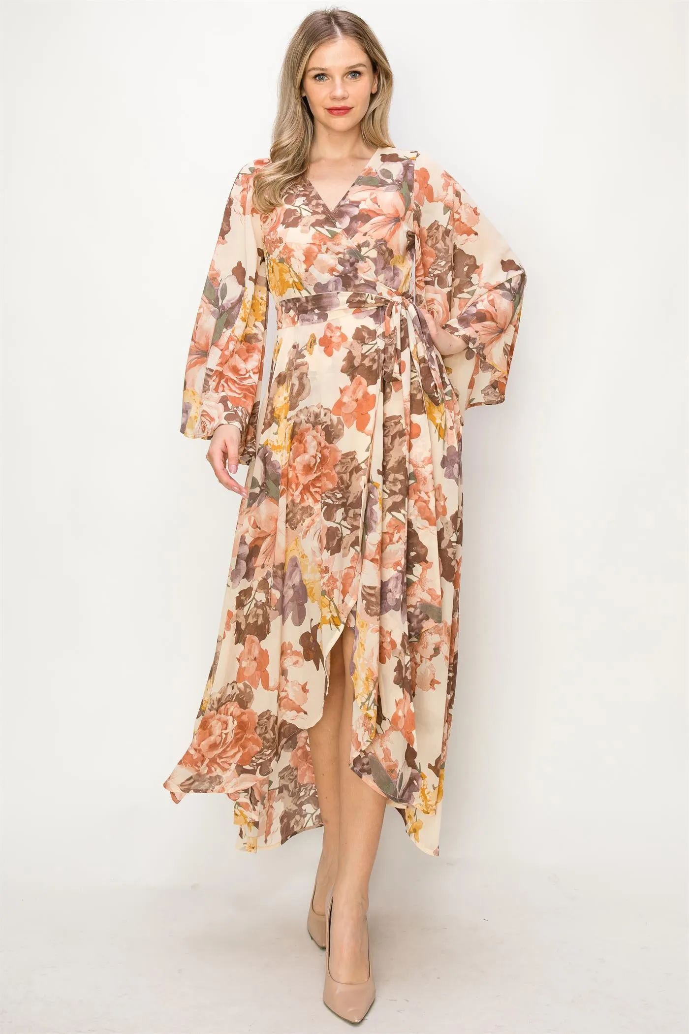 OL24A072-FLORAL V-NECK WRAP HIGH-LOW DRESS