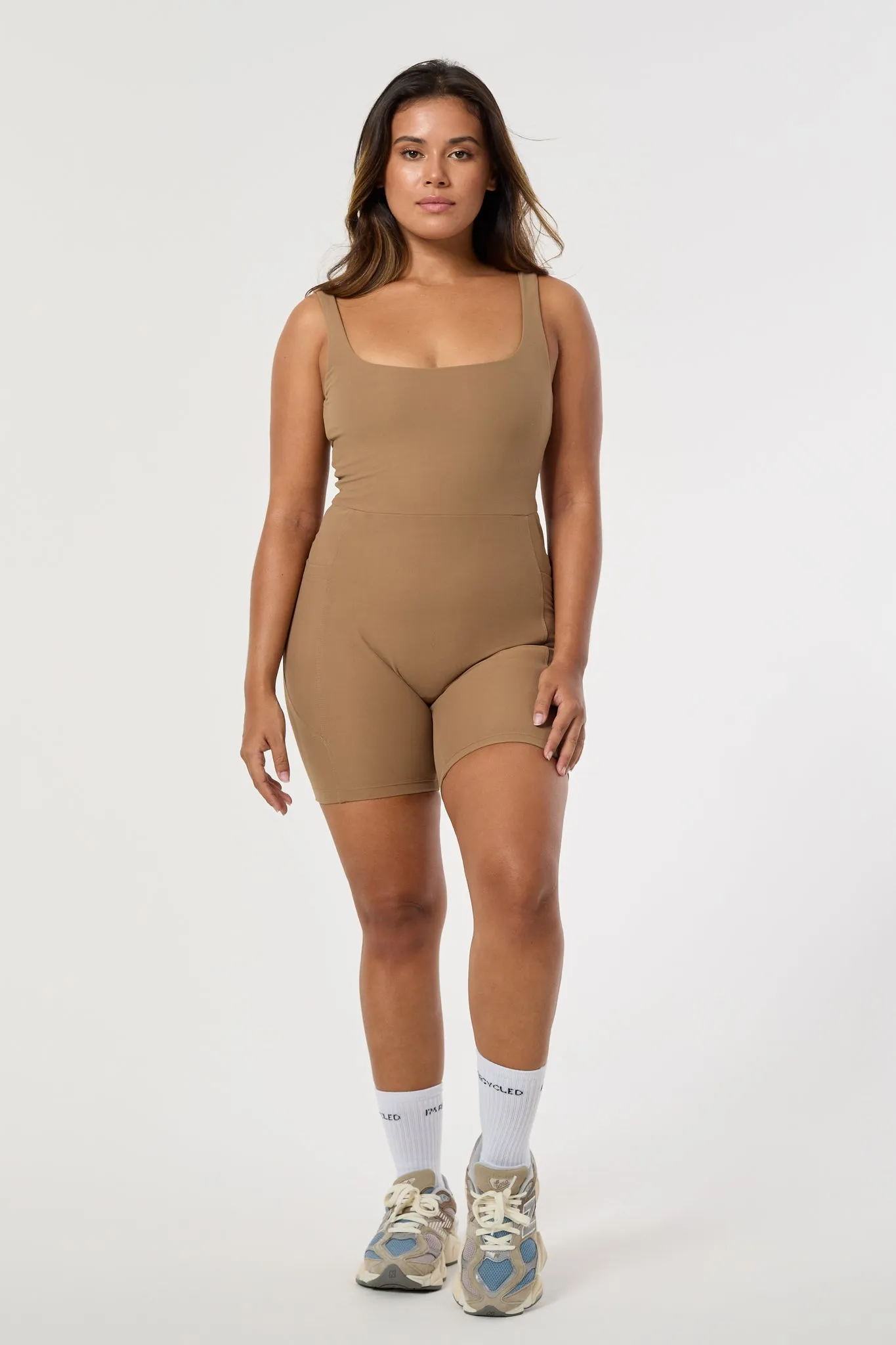 Olivia Low Back Onesie | Recycled Polyester | Toffee