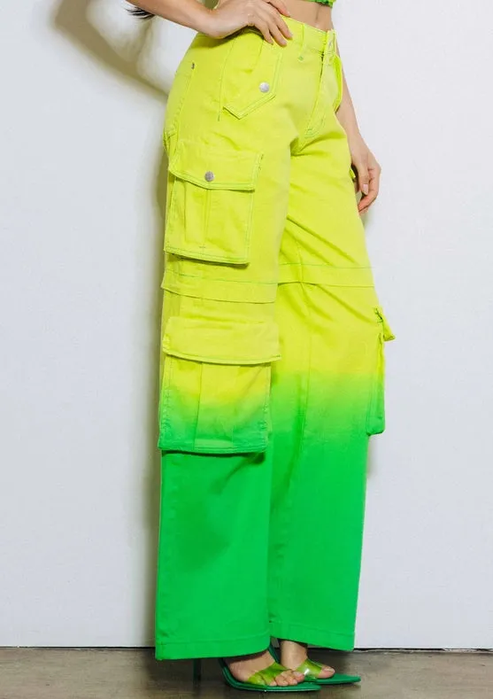 Ombre Color Cargo Wide Pants Lime