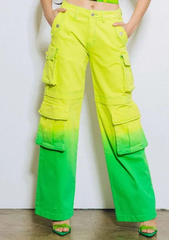 Ombre Color Cargo Wide Pants Lime