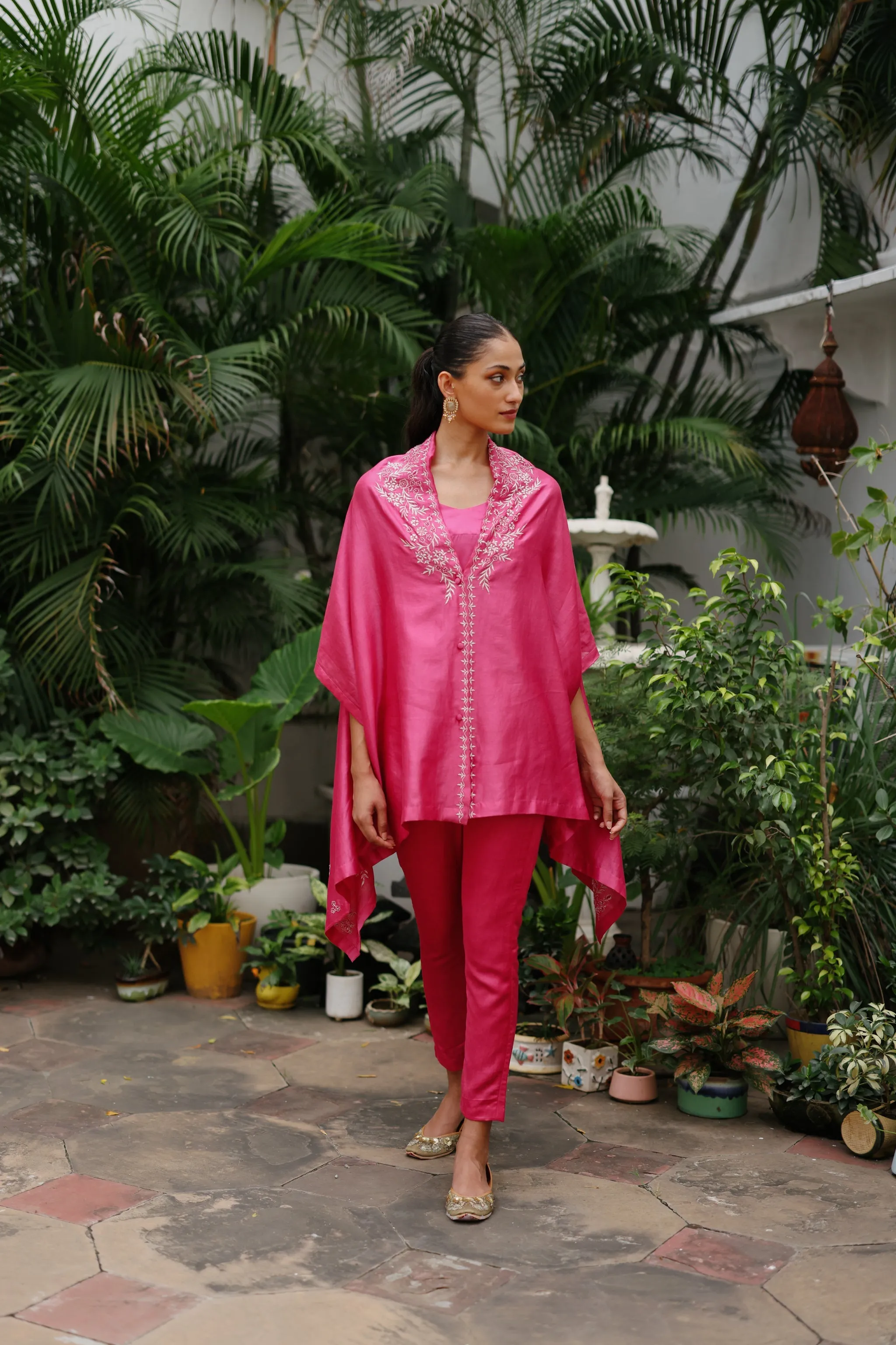 Pink Embroidered Cape Set