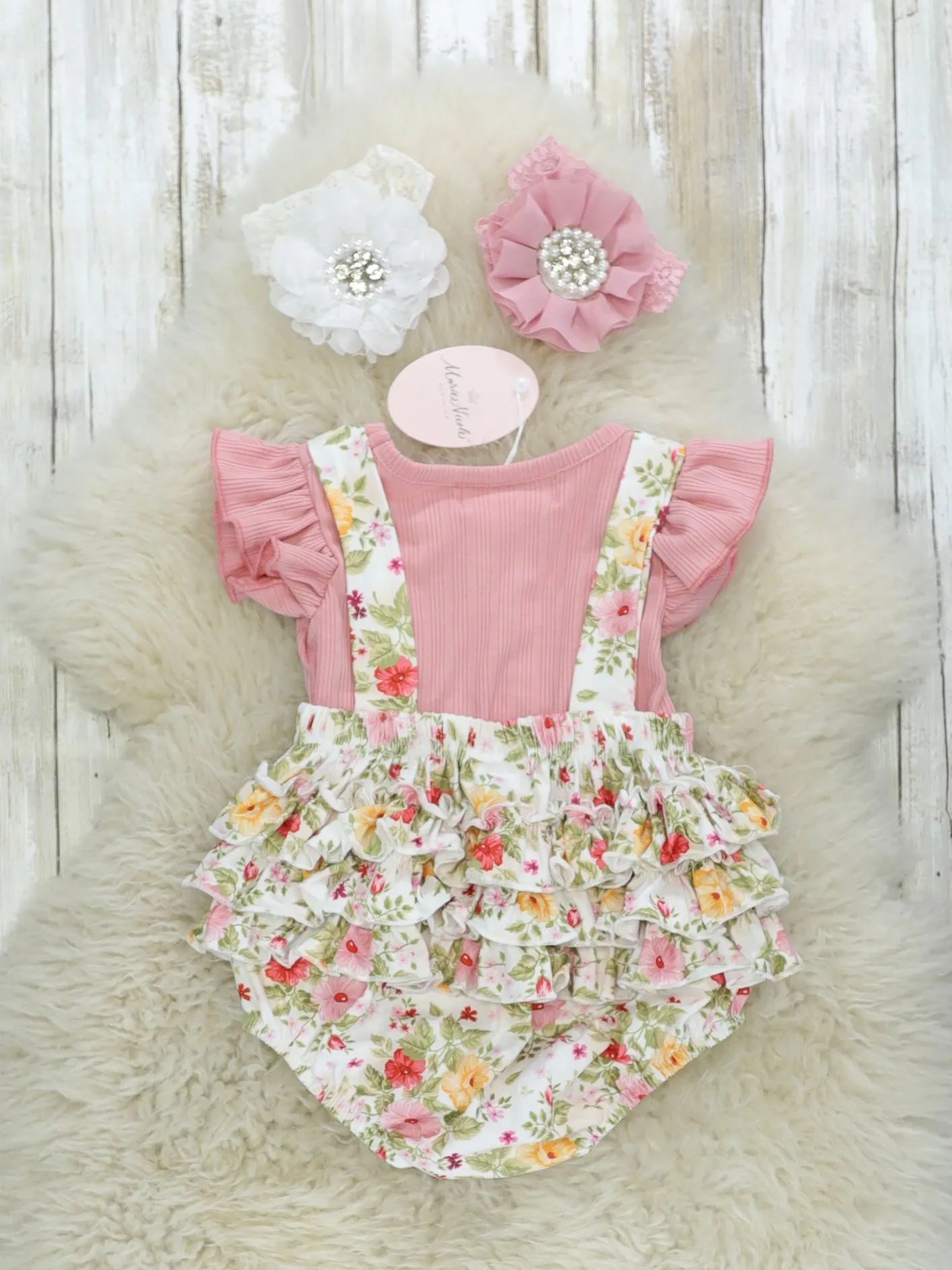 Pink Ruffle Top & Floral Ruffle Overall Set