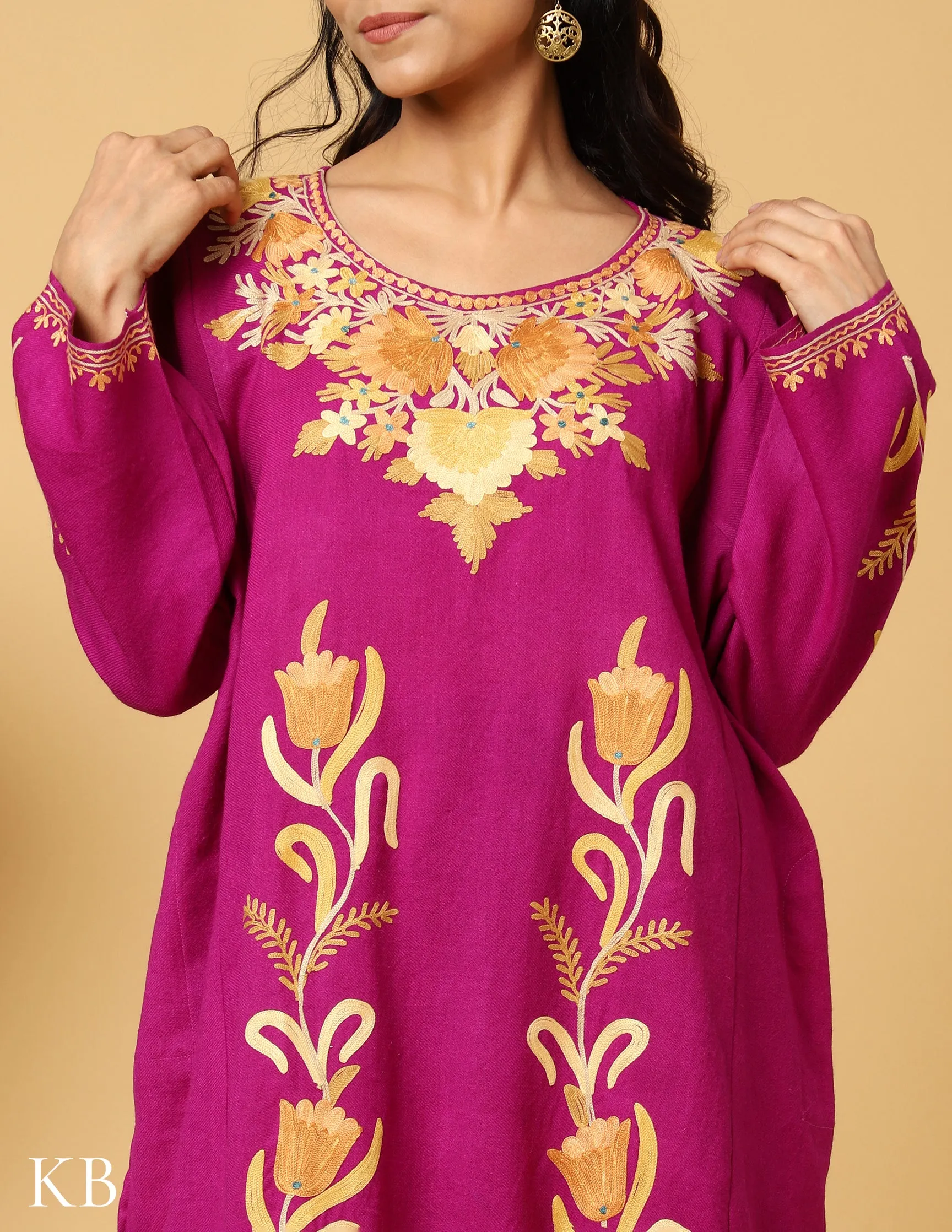 Pink Yarrow Pure wool Aari Embroidered Pure wool Phiran