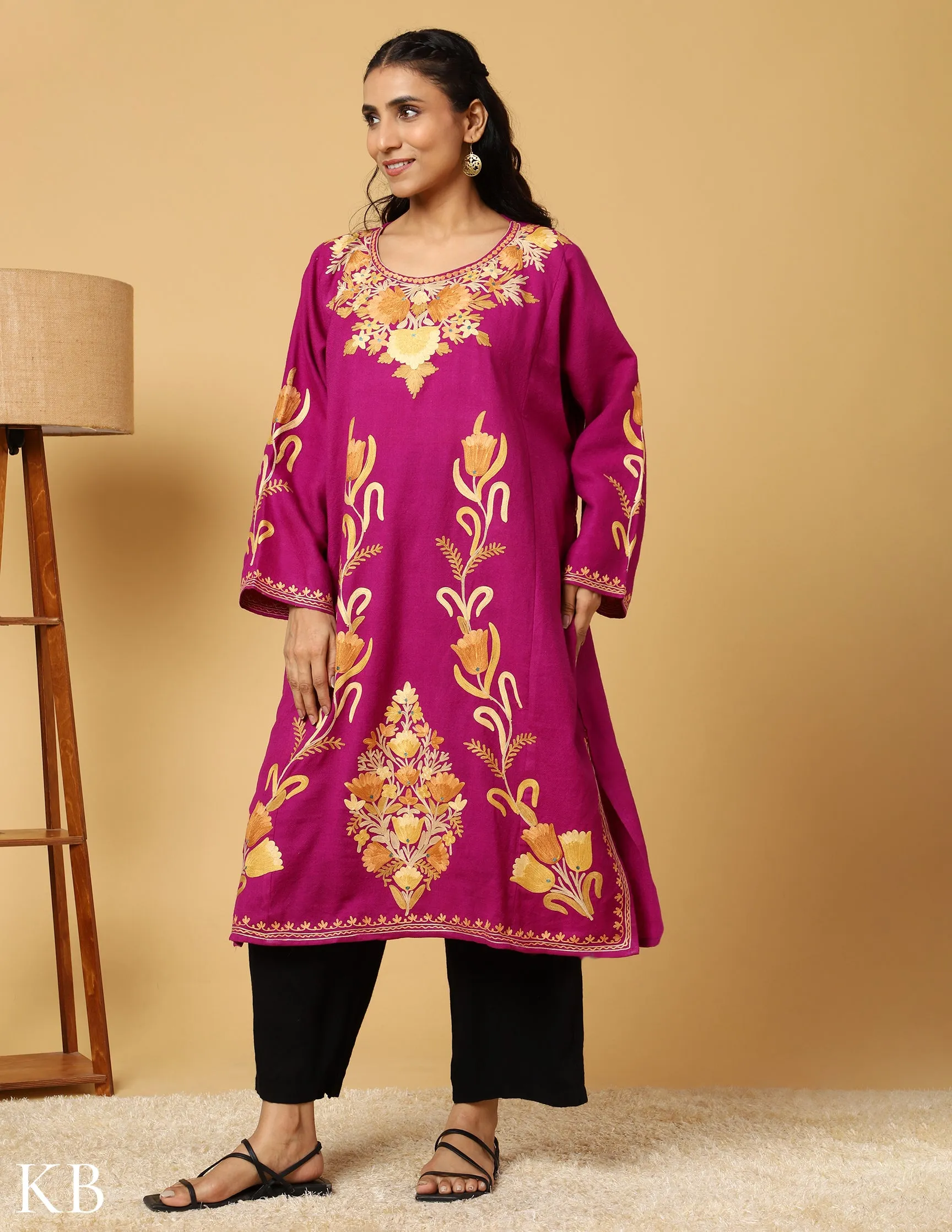 Pink Yarrow Pure wool Aari Embroidered Pure wool Phiran