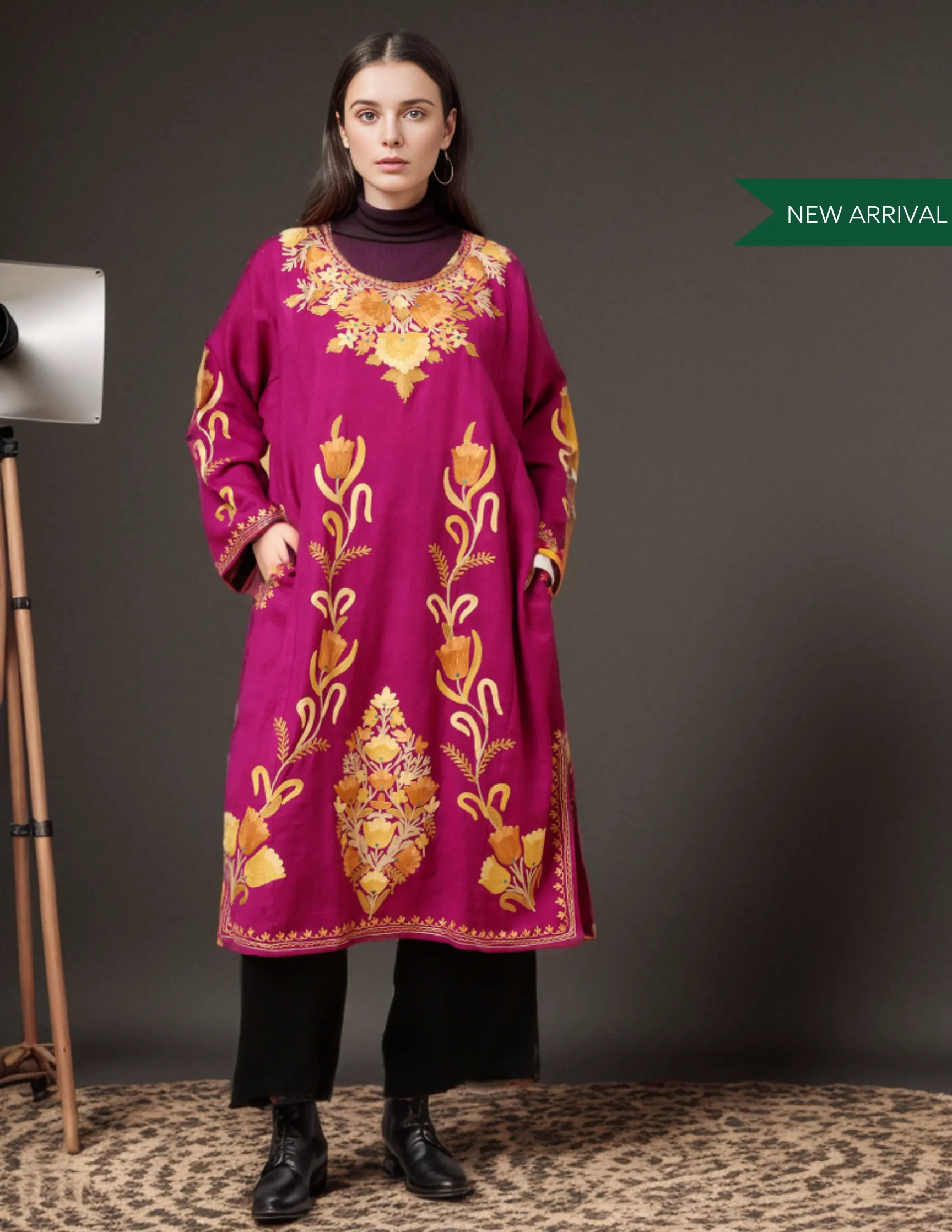 Pink Yarrow Pure wool Aari Embroidered Pure wool Phiran