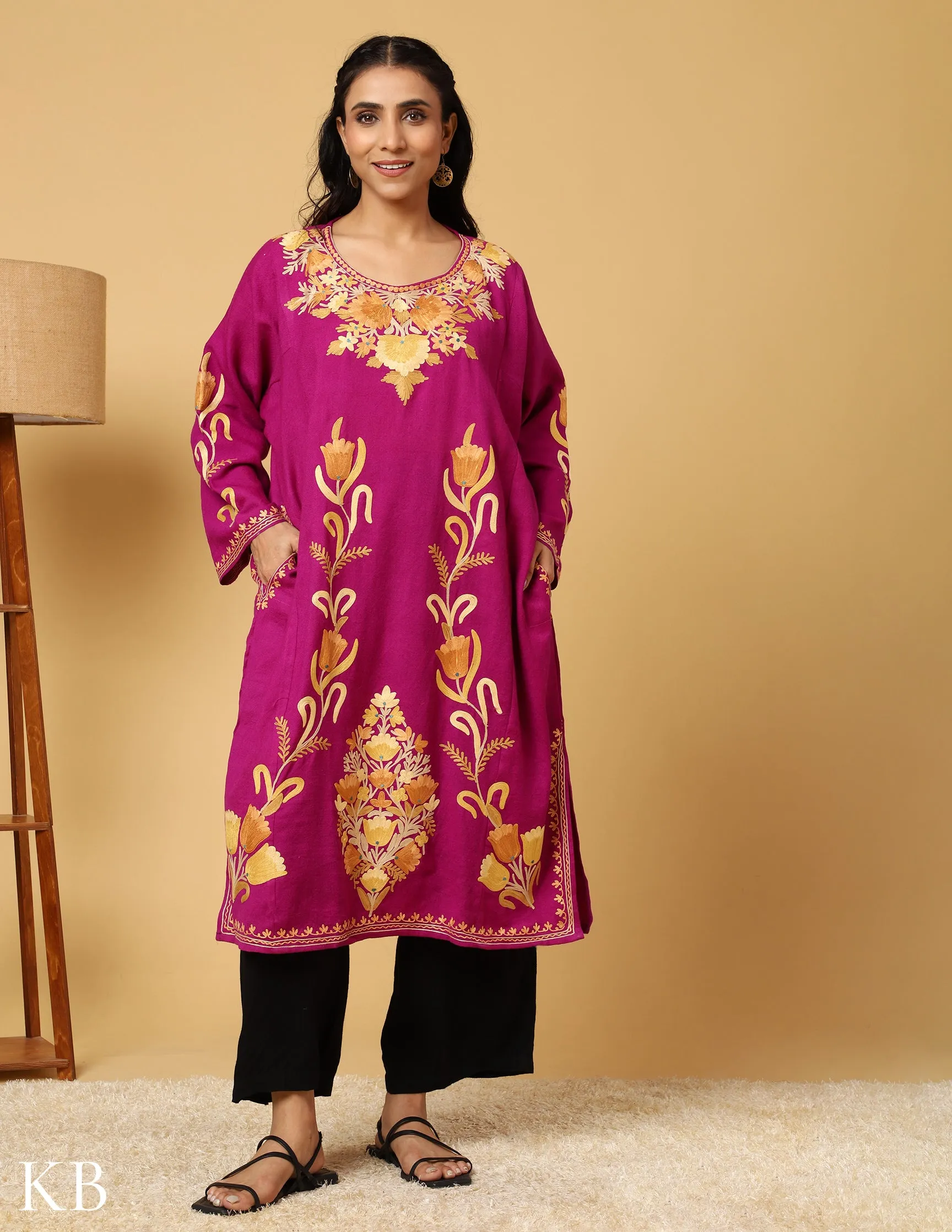 Pink Yarrow Pure wool Aari Embroidered Pure wool Phiran