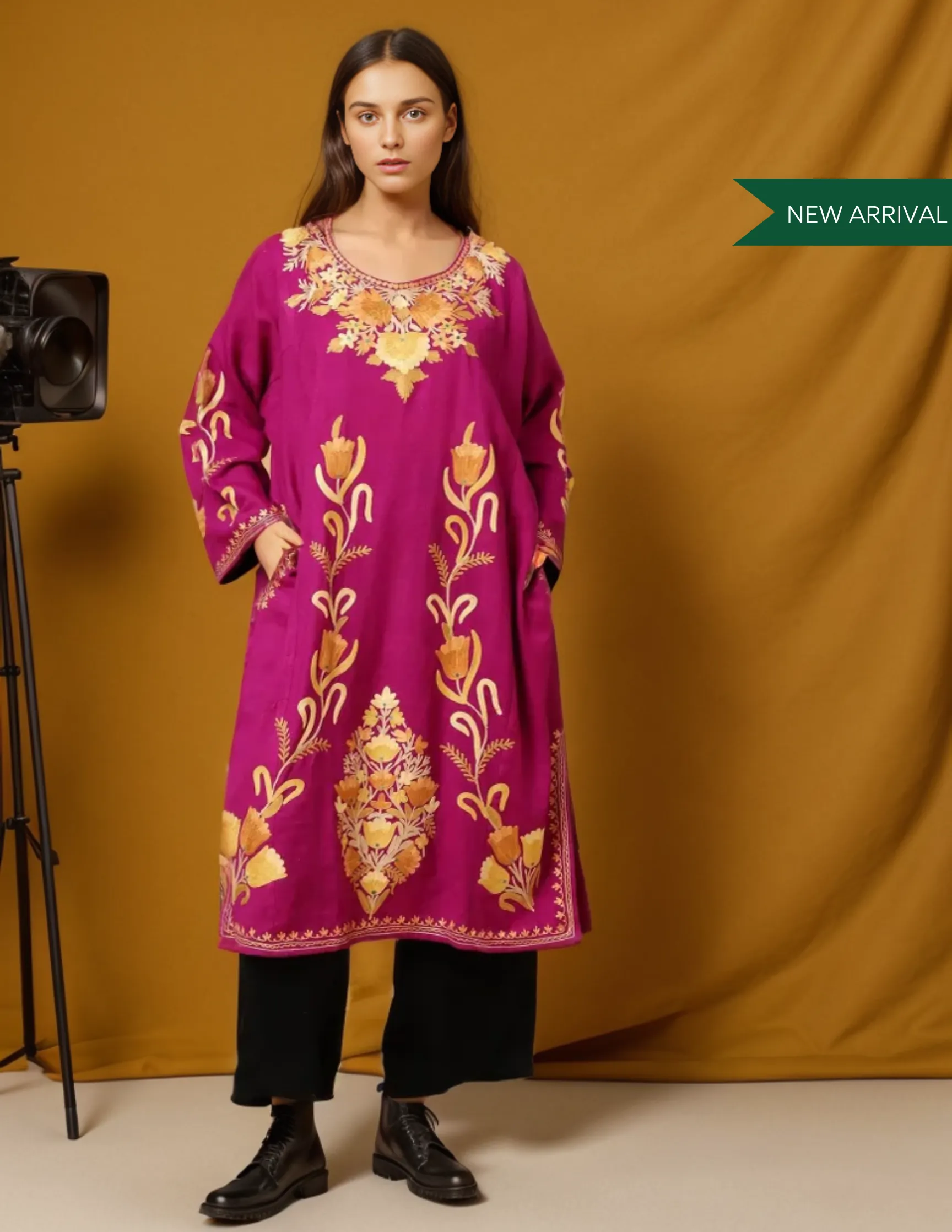 Pink Yarrow Pure wool Aari Embroidered Pure wool Phiran