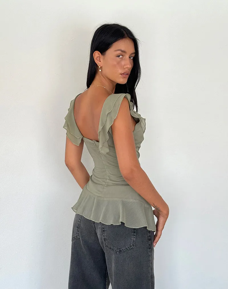 Piro Ruffle Longline Top in Chiffon Olive