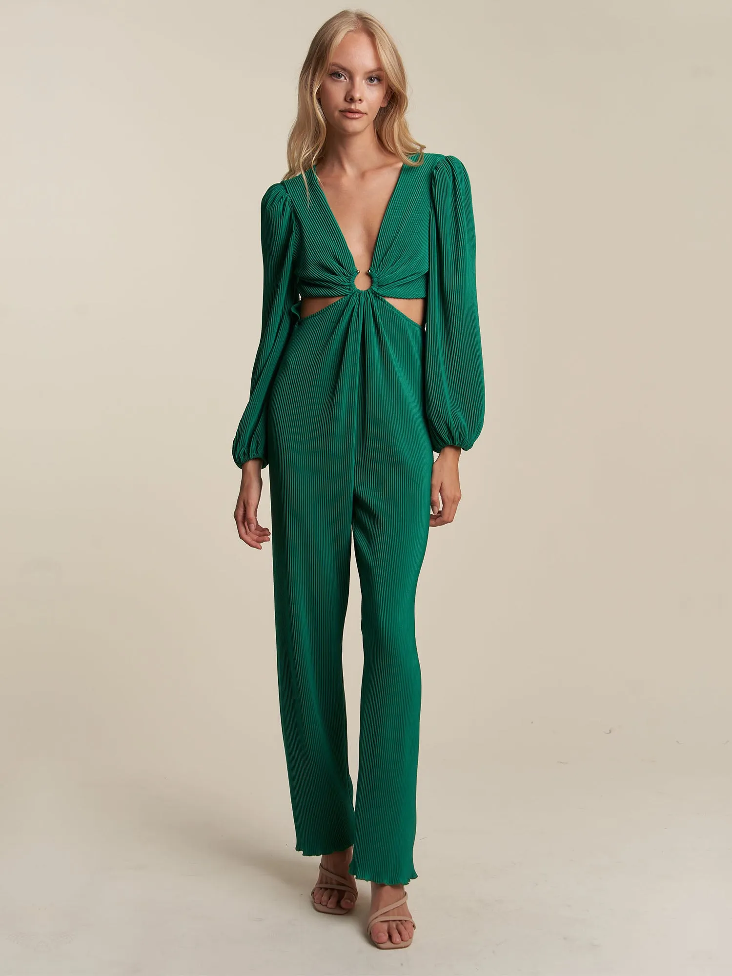 Plisse Long Sleeve Side Cutout Jumpsuit