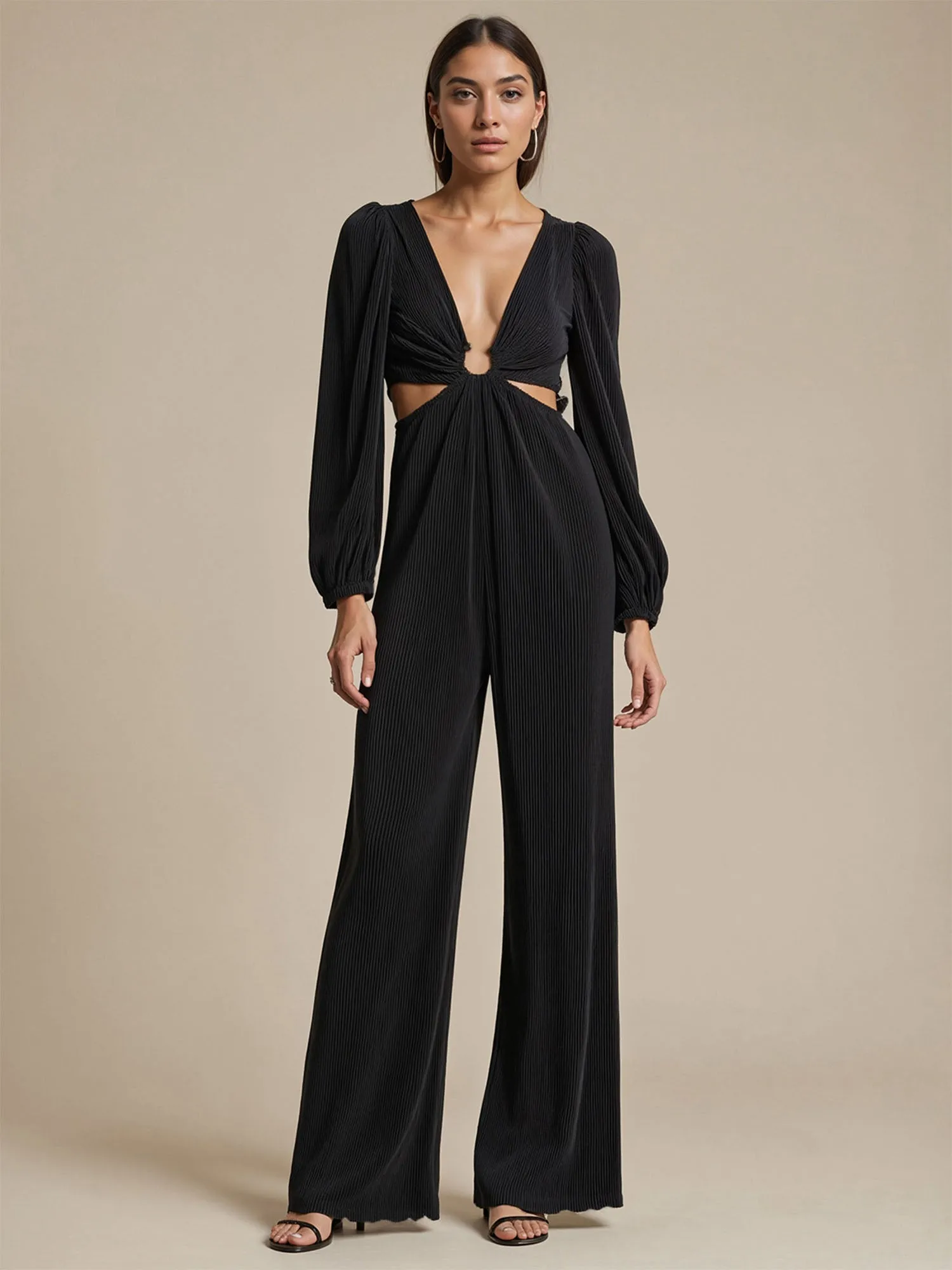 Plisse Long Sleeve Side Cutout Jumpsuit