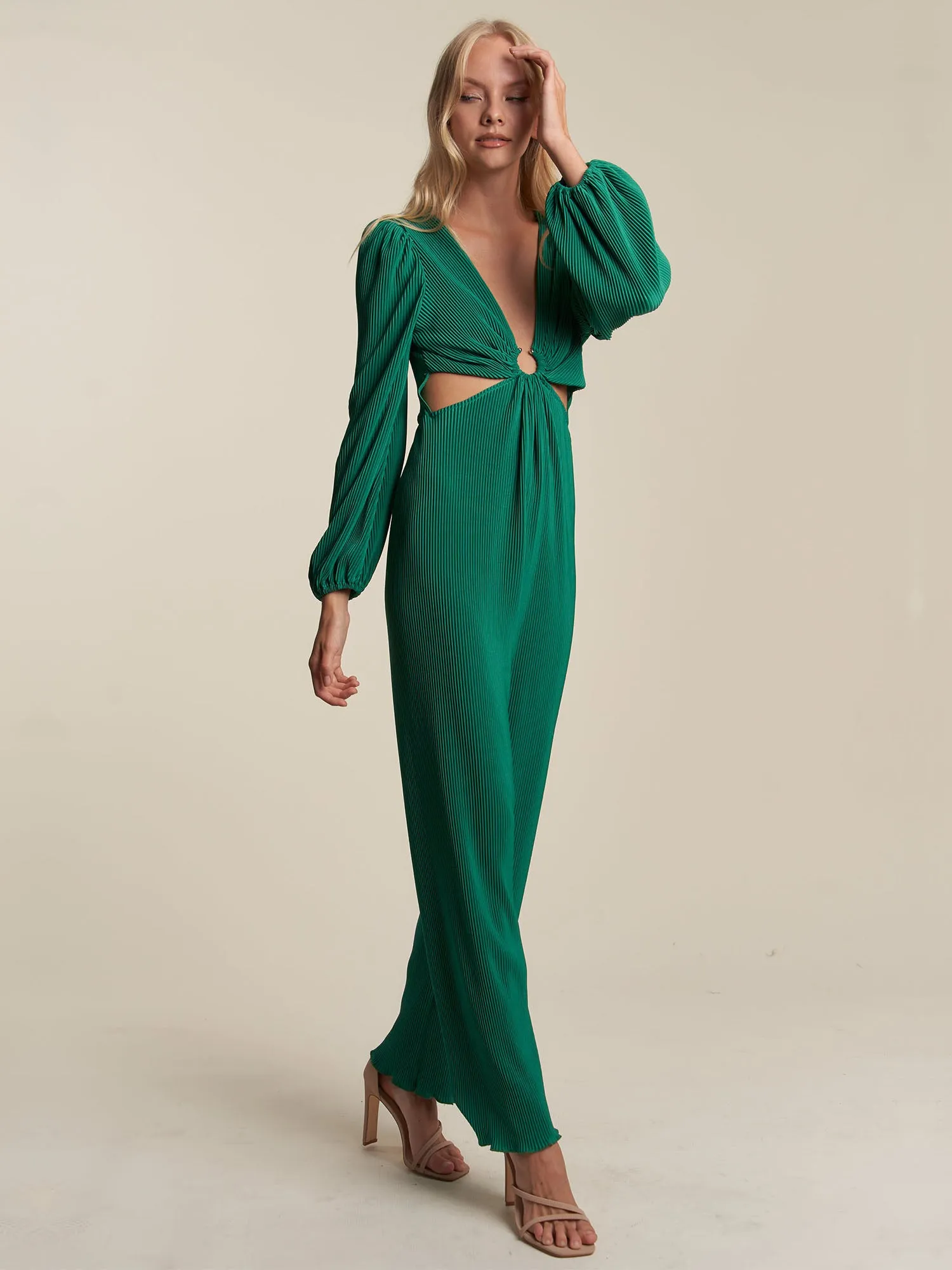 Plisse Long Sleeve Side Cutout Jumpsuit