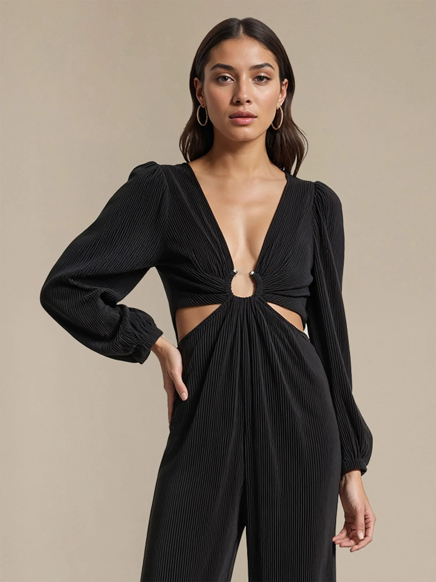 Plisse Long Sleeve Side Cutout Jumpsuit