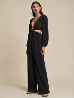 Plisse Long Sleeve Side Cutout Jumpsuit