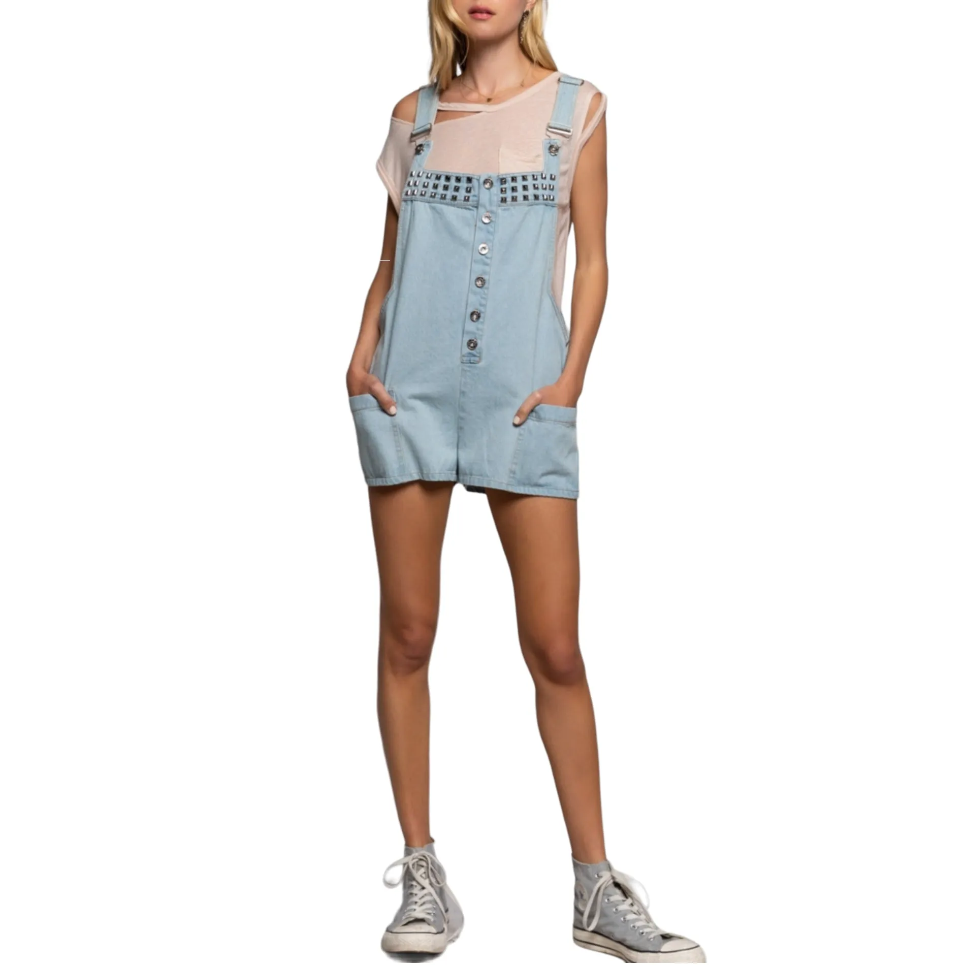 POL Denim Studded Overall Shorts with Side Pockets