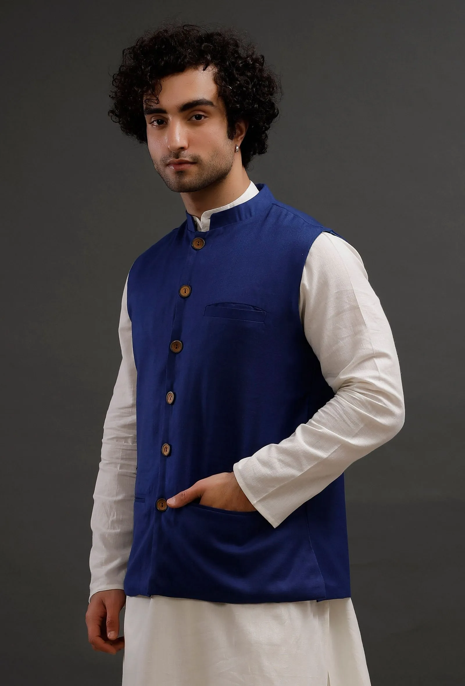 Prussian Blue Woollen Blend Nehru Jacket