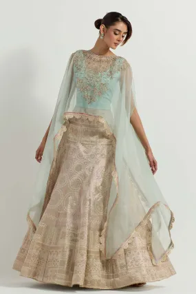 Raeth Sage Embroidered Cape & Tissue Lehenga Set