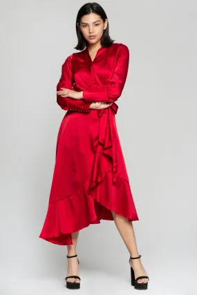 Red Silk Wrap Around Asymmetrical Ruffles Midi Dress