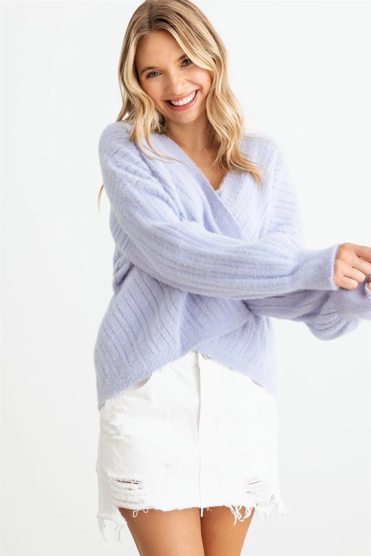 Ribbed Fuzzy Knit Wrap Long Sleeve Sweater Cardigan