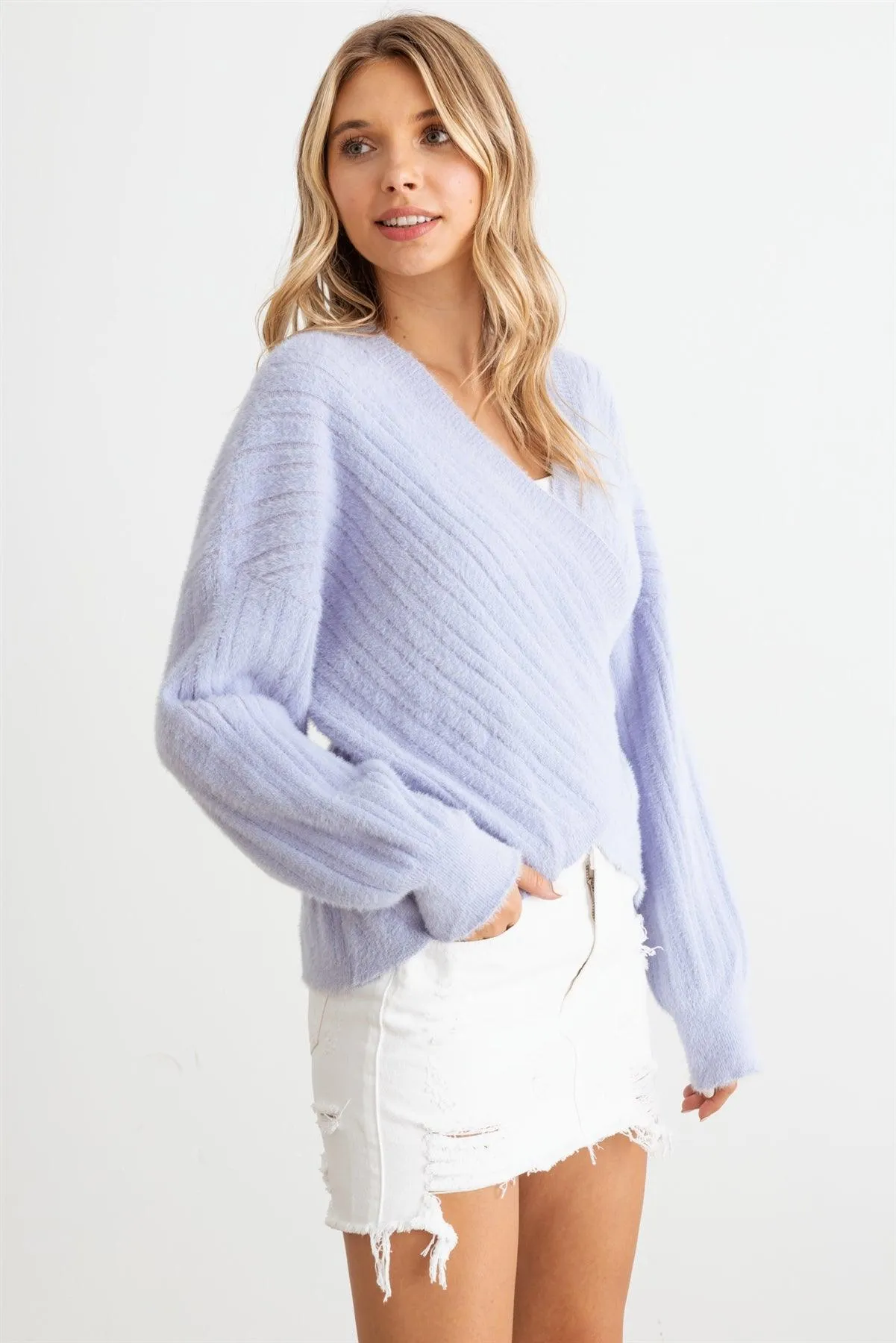 Ribbed Fuzzy Knit Wrap Long Sleeve Sweater Cardigan