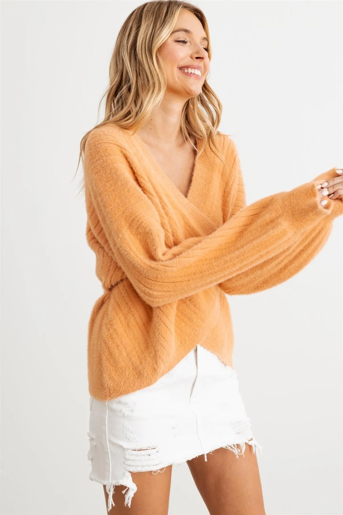 Ribbed Fuzzy Knit Wrap Long Sleeve Sweater Cardigan