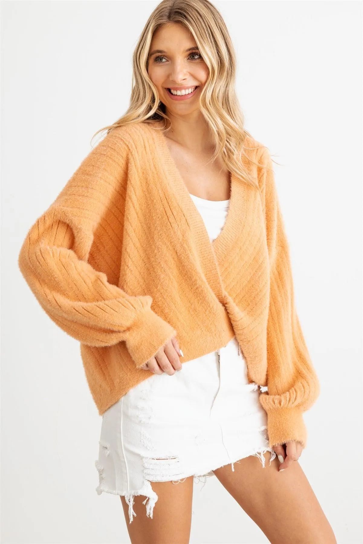 Ribbed Fuzzy Knit Wrap Long Sleeve Sweater Cardigan