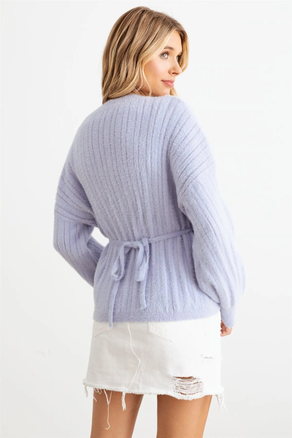 Ribbed Fuzzy Knit Wrap Long Sleeve Sweater Cardigan