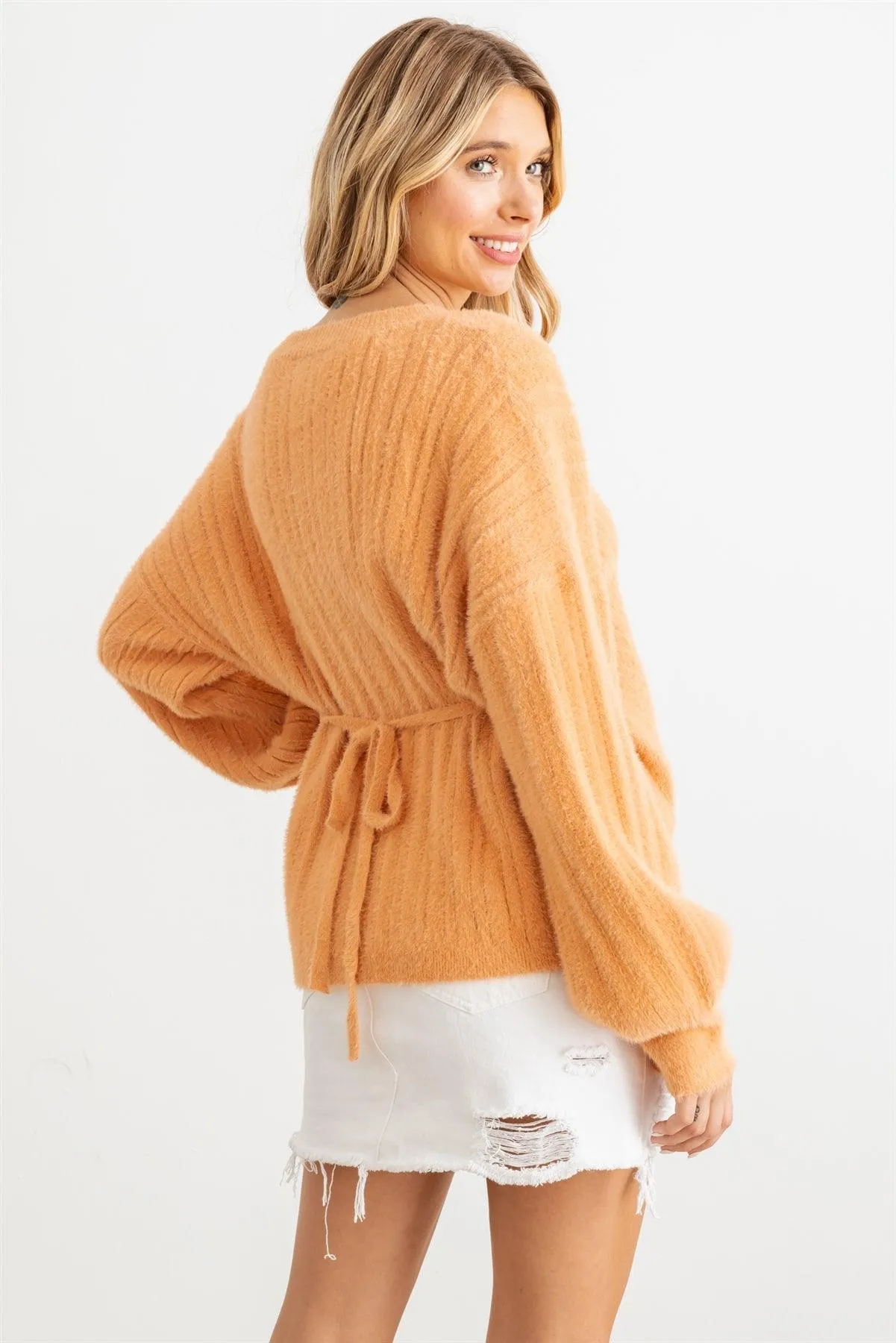 Ribbed Fuzzy Knit Wrap Long Sleeve Sweater Cardigan