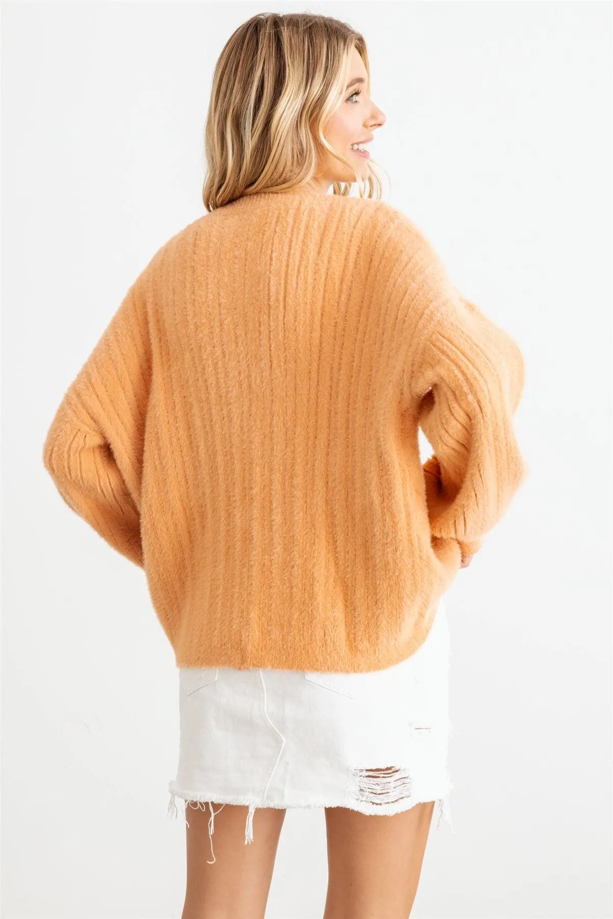 Ribbed Fuzzy Knit Wrap Long Sleeve Sweater Cardigan