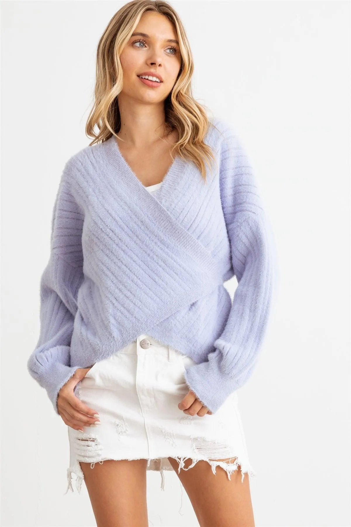 Ribbed Fuzzy Knit Wrap Long Sleeve Sweater Cardigan