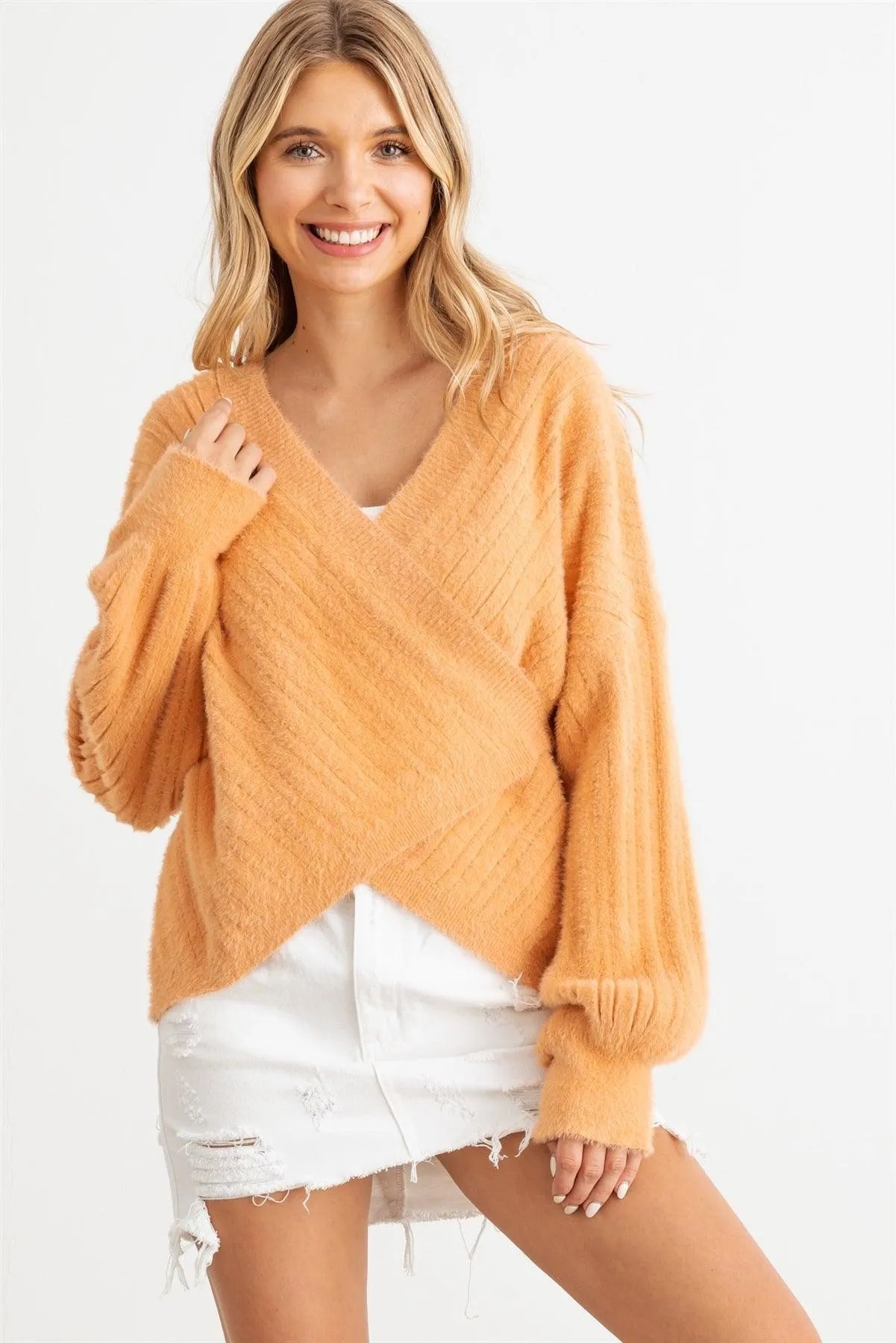 Ribbed Fuzzy Knit Wrap Long Sleeve Sweater Cardigan