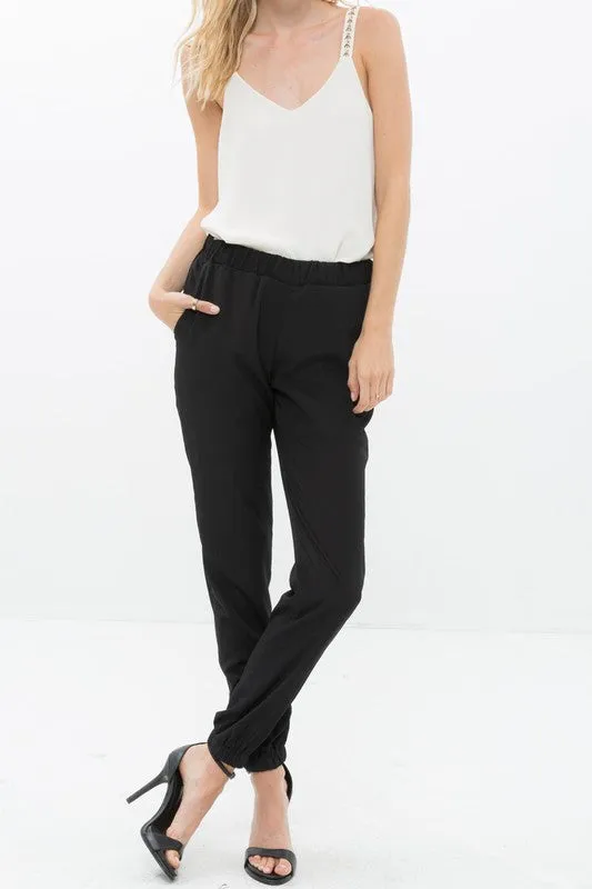 Ro & De Ankle Cuffed Black Crepe Pants In Black