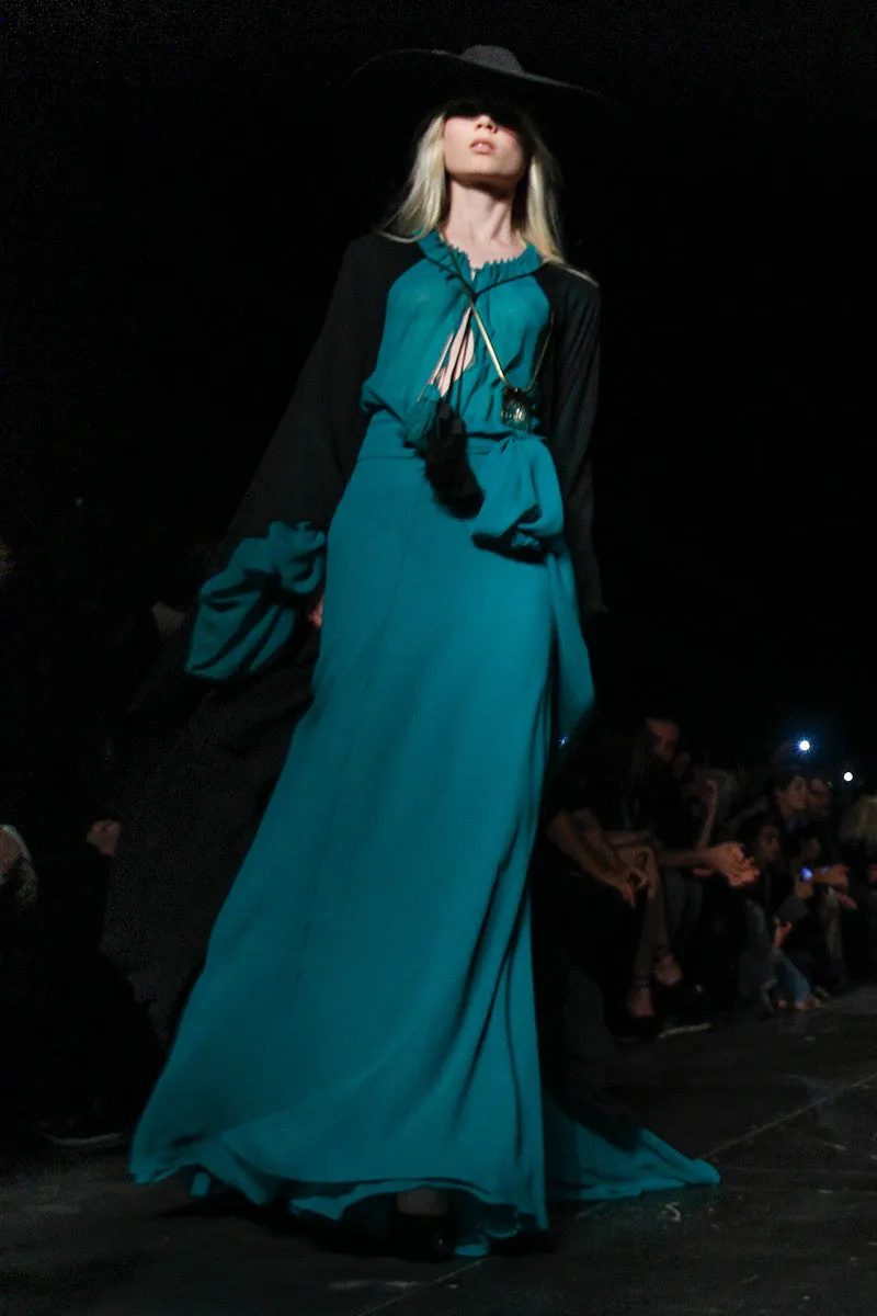 Saint Laurent - NWT 2PC Long Sleeve Emerald Dress with Black Cape - FR 40